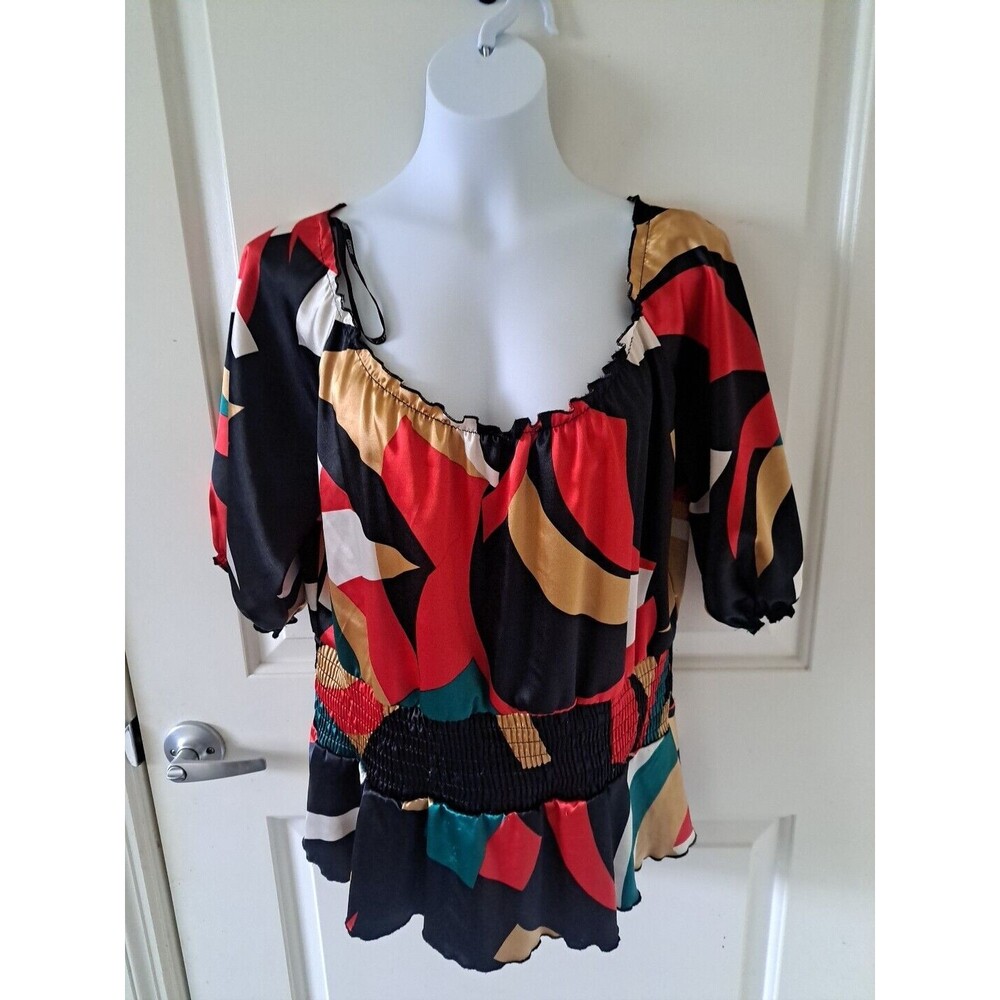 Y2K XOXO Top Women’s Medium Multicolor Abstract Geometrict Blouse Puff Sleeve